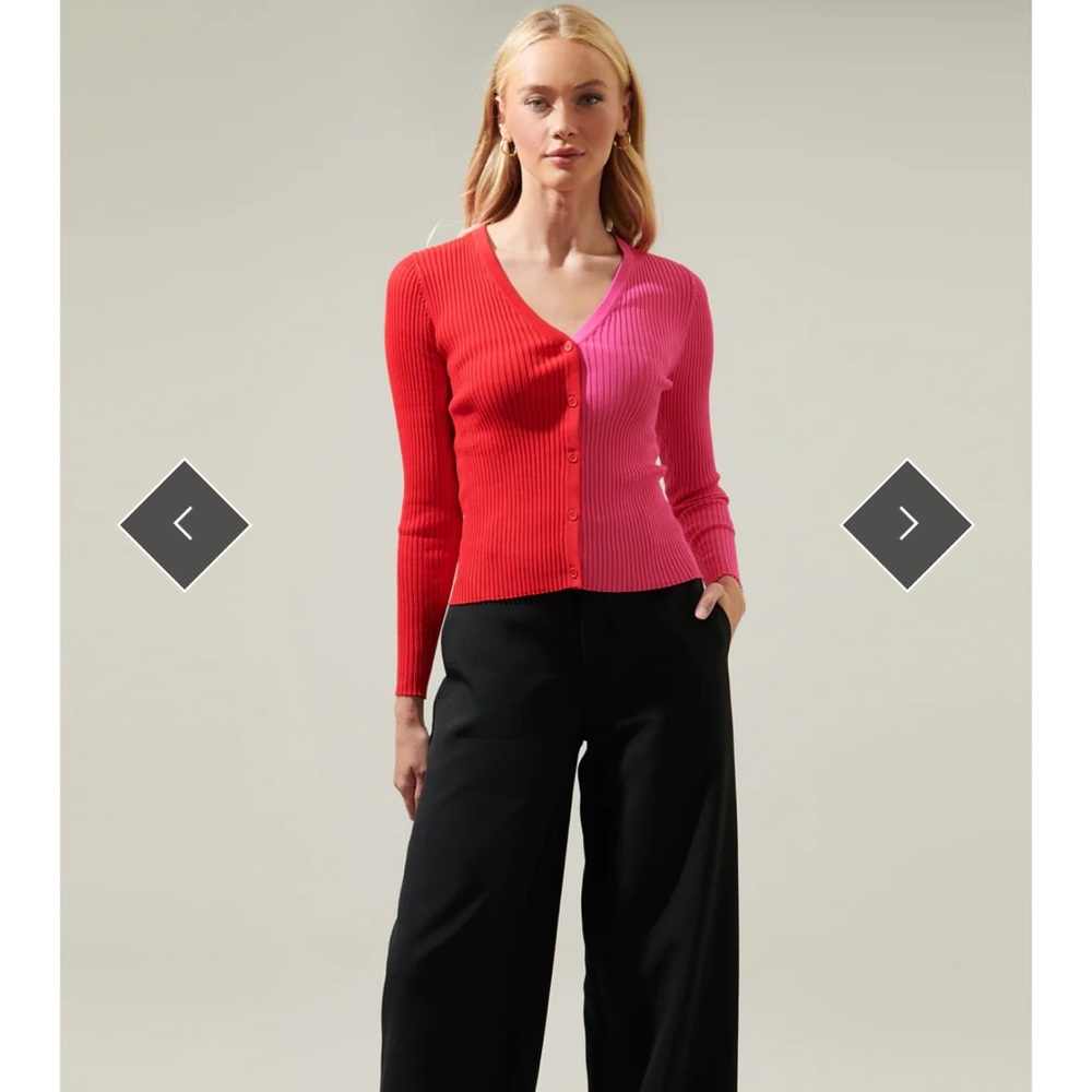 Strut & Bolt Button Up Color Block Ribbed Cardigan Large Pink Red Valentines - Picture 2 of 8